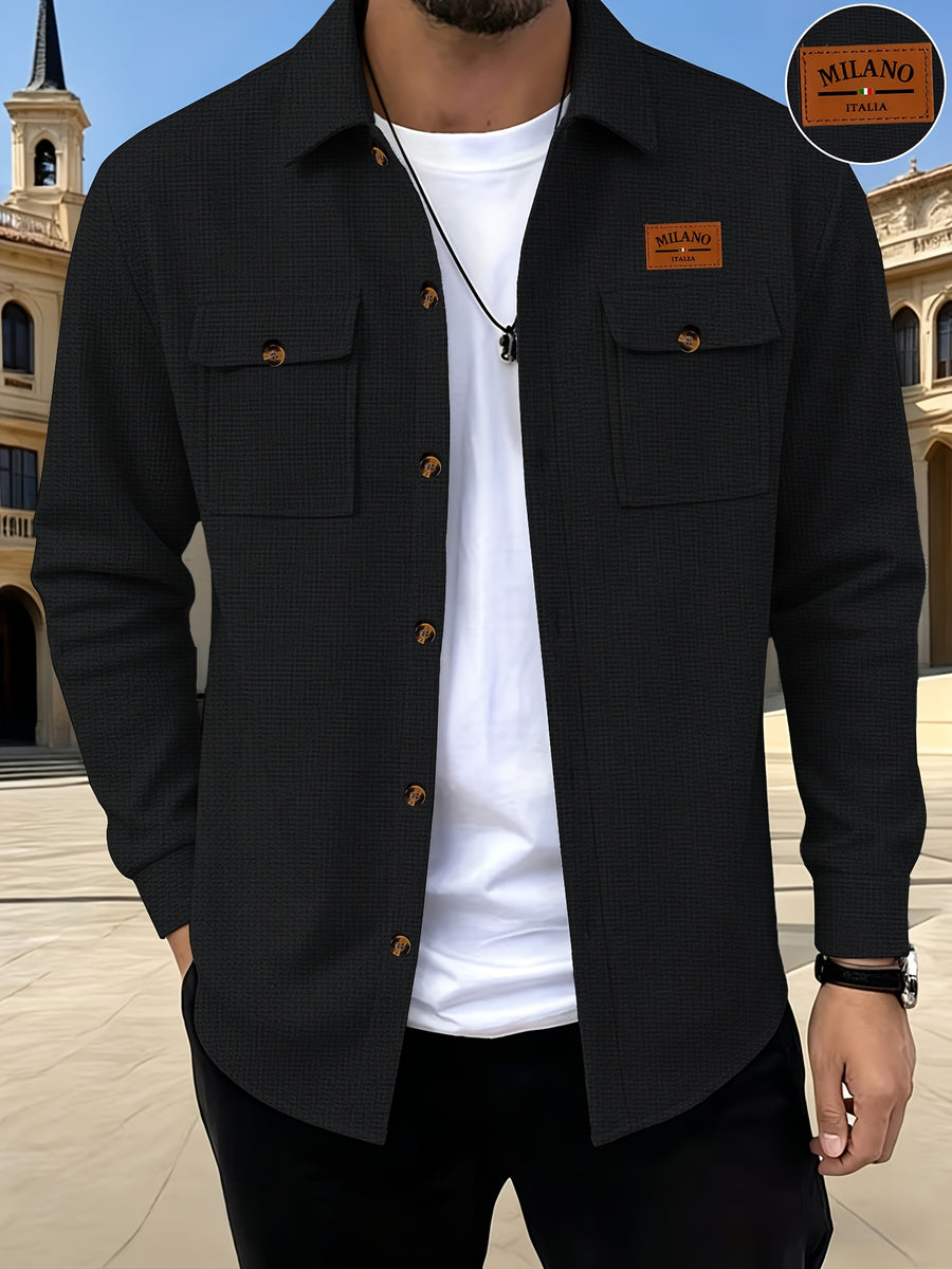 Men's Textured Lapel Casual Shirt Jacket, Lightly Mature Commuter Style, Wrinkle-Free and Easy to Care for. Simple and Textured Dual-Pocket Workwear Design. Subtle and Distinctive Label Decoration on the Chest. Suitable for Workplace, Daily Use - Black