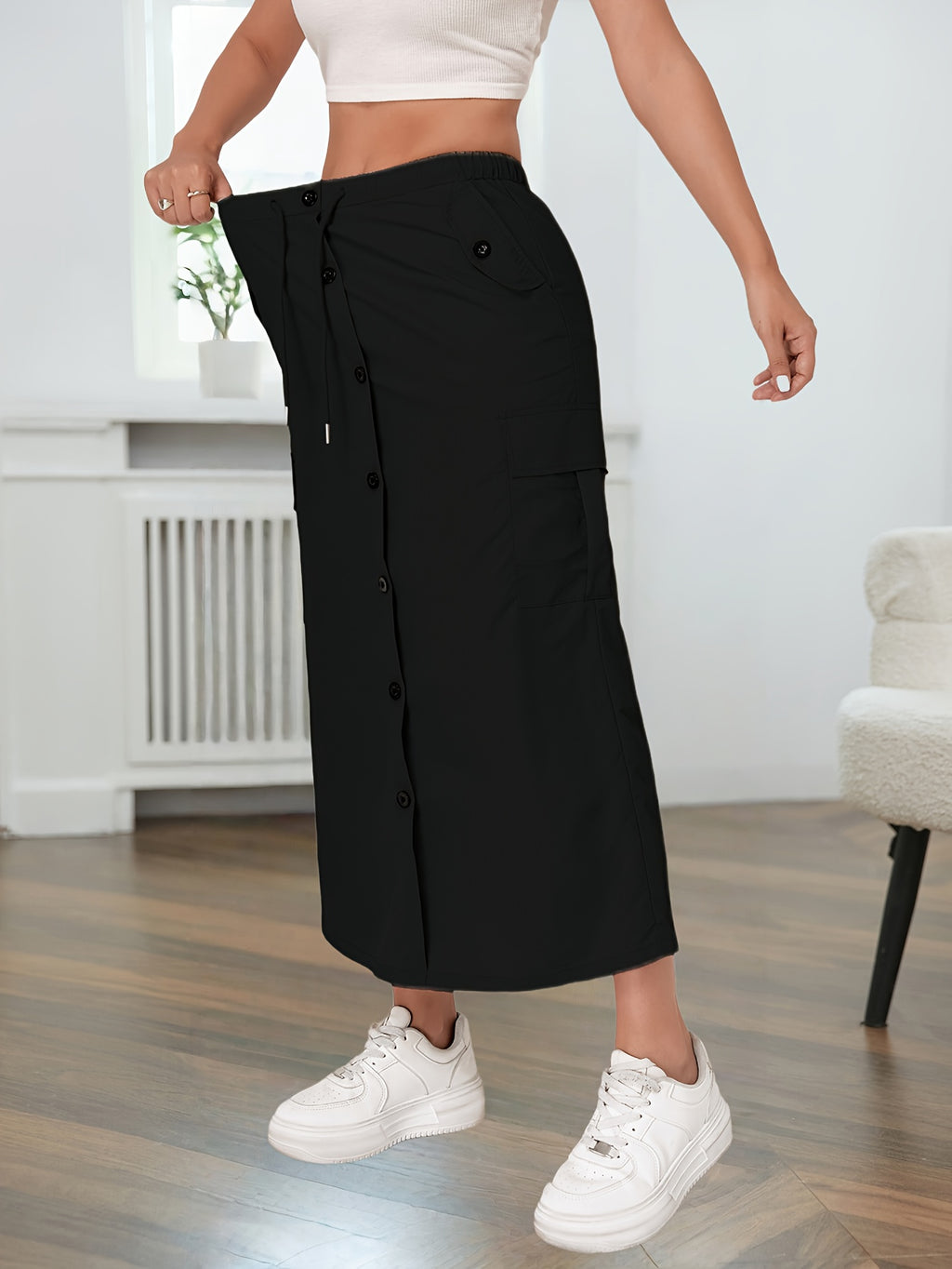 American-style Quick-Dry Women's Multi-Pocket Workwear Skirt with Button Placket, Casual High-Waist Commuter Midi Skirt - Black