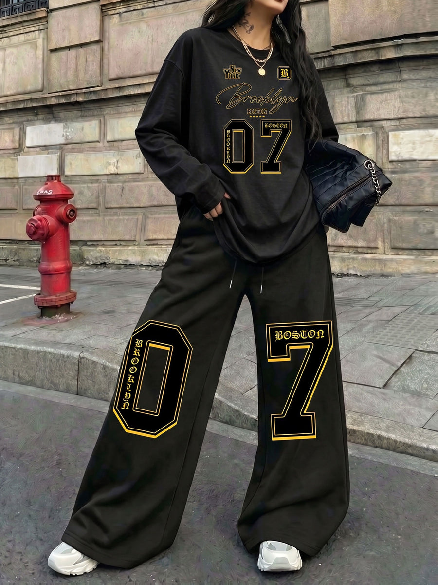 Trendy Brooklyn Black Golden 07 Sports Digital Print 2pcs Set Women'S Casual Street Long Sleeve And Long Pants Suit, Suitable for Street Hot, American Jersey Sports Street Fashion - Black+black
