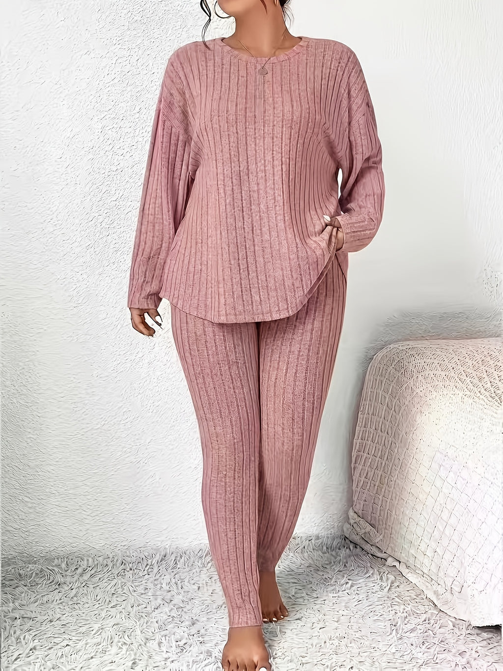 Solid Color Long-sleeved Top and Trousers Casual Everyday Set - Pink Color