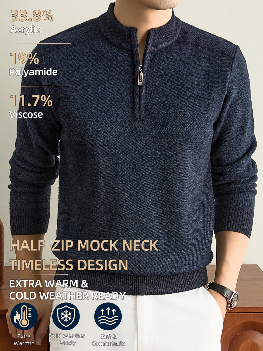 Men'S Half-Zip Knit Sweater, Classic Stand Collar And Textured Pattern, Thickened Warm Pullover in a Refined Timeless Style for Casual, Work, Hiking, Camping, Fishing, And Outdoor Wear - Navy Color
