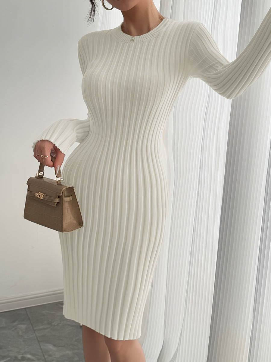 Women's Elegant Ribbed Pleated Long Sleeve Crew Neck Sweater Dress - Solid Color, Non-Transparent, Hand Wash/Dry Clean, Versatile for Casual & Formal Wear, Sweater, Everyday Fashion, Minimalistic Design, Nontransparent Fabric - Off-white