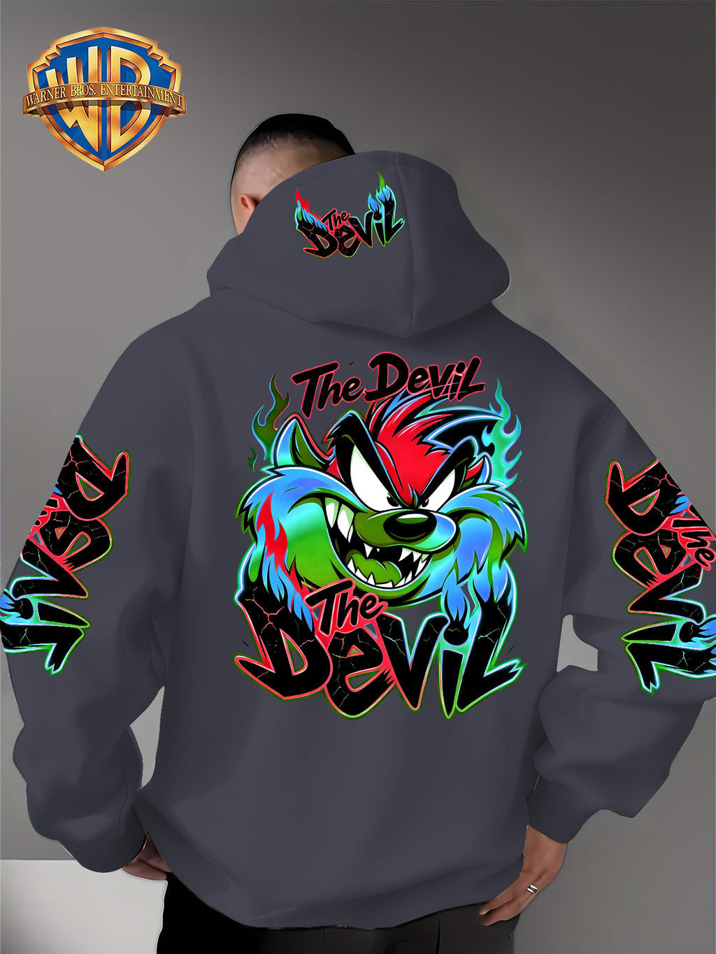 Le Yitong Flame Style Color-Block Graffiti Big Mouth Monster The Devil Print Hoodie, with Sleeve Print Design, Kangaroo Pouch And Drawstring Hood, Suitable for Autumn/Winter Casual Wear And Outdoor Activities - Dark Gray