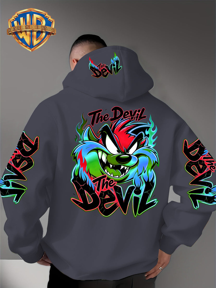 Le Yitong Flame Style Color-Block Graffiti Big Mouth Monster The Devil Print Hoodie, with Sleeve Print Design, Kangaroo Pouch And Drawstring Hood, Suitable for Autumn/Winter Casual Wear And Outdoor Activities - Dark Gray