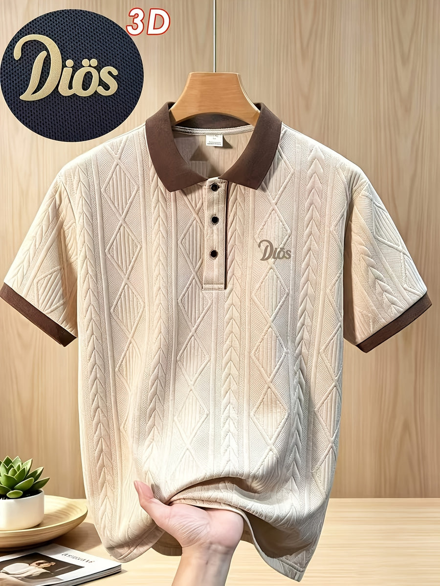 999-9, Father'S Day Promotion, High-Quality Men'S Short Sleeve Collared Golf Polo Shirt, Frosted 3D English Pattern, Textured Striped Fabric, Soft And Skin-Friendly Quick-Dry, 3D Cut, Low-Key And Tasteful. Suitable for Business Office - Apricot