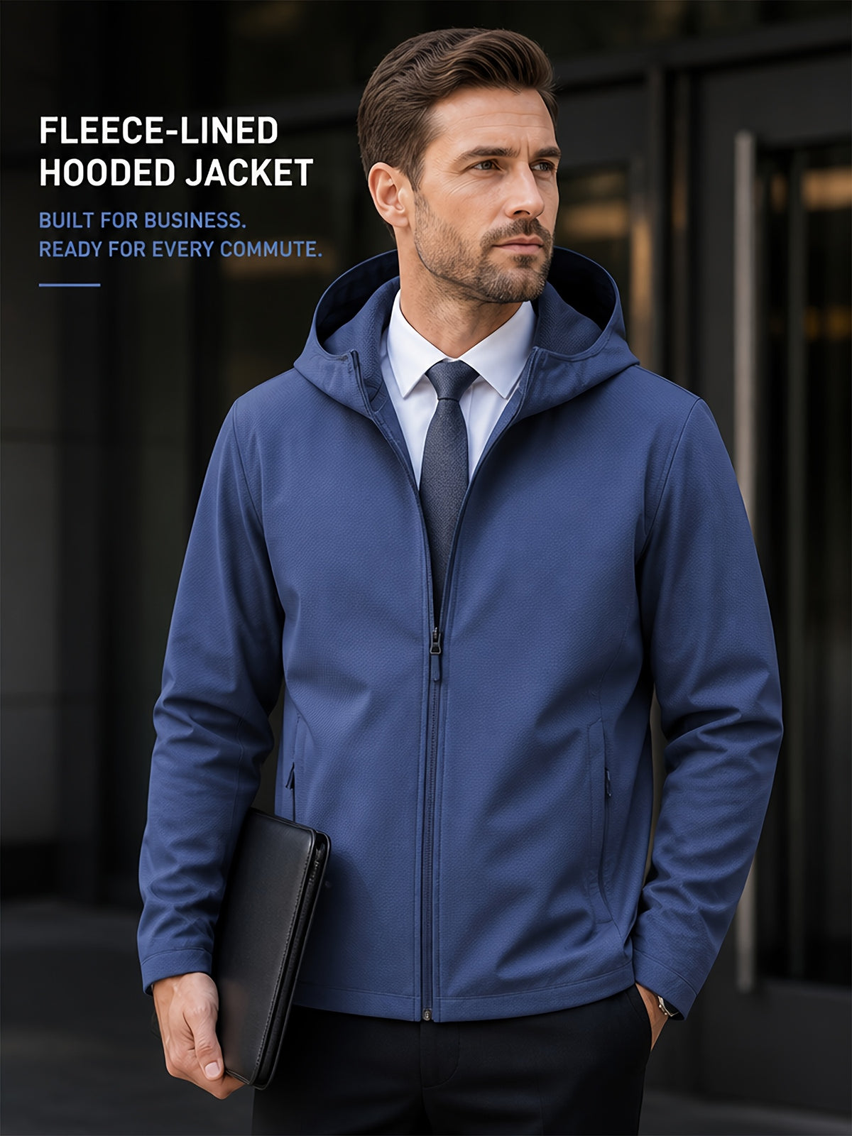 Men's Full-Zip -Lined Hooded Jacket, Lightweight Warm Softshell Outerwear, Men's Fashion Hoodie, Loose and Stretchy, Business Casual Outdoor Hoodie, Thermoregulating Top, Suitable for Office, Commuting, Travel, and Daily Autumn/Winter Wear - Grey-blue