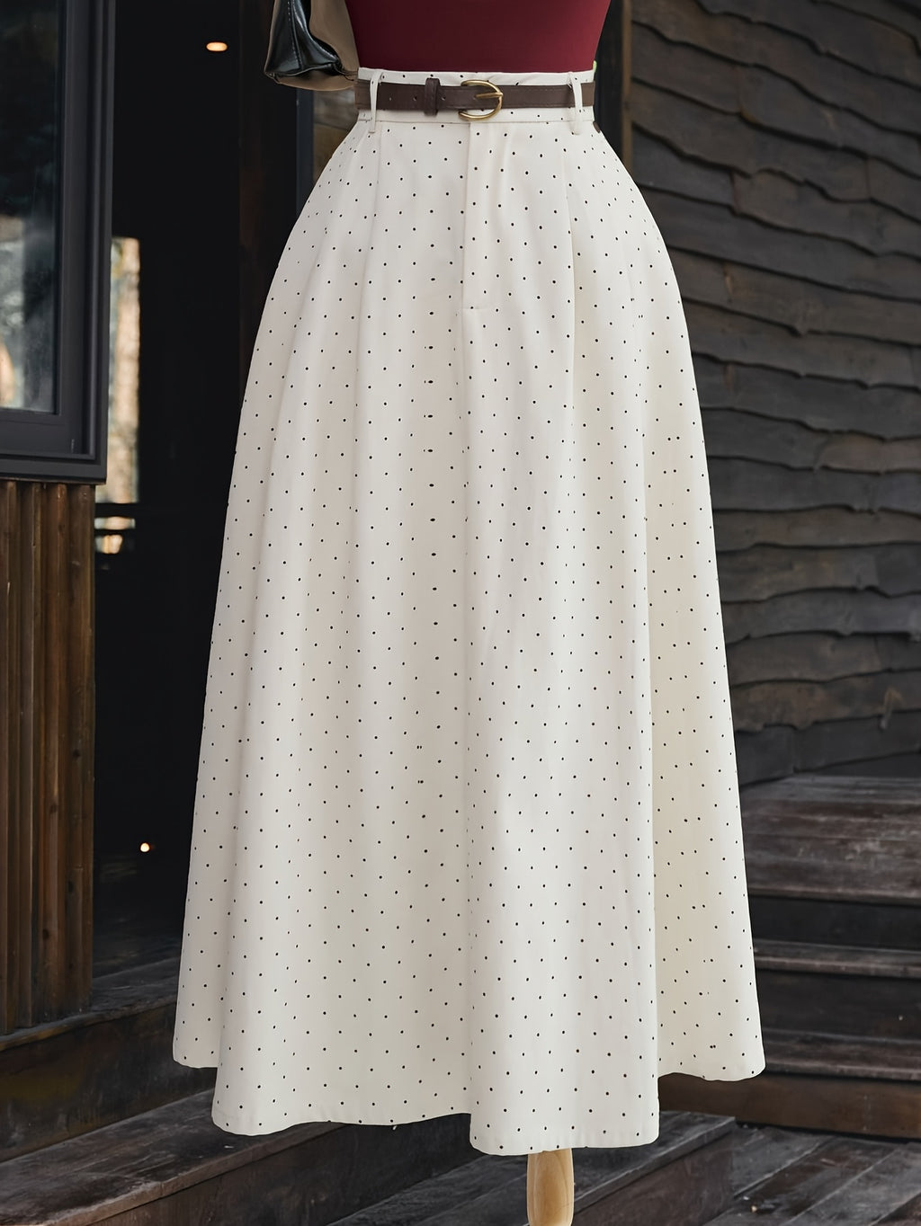 ZLLZ Women'S Polka Dot Printed Elastic Waist Casual A-Line Skirt | Spring/Fall Season, Belt Not Included - apricot black