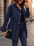 Spring And Autumn Styles. Casual Workwear, Drawstring Waist Belt, Hooded Jacket - Navy Color