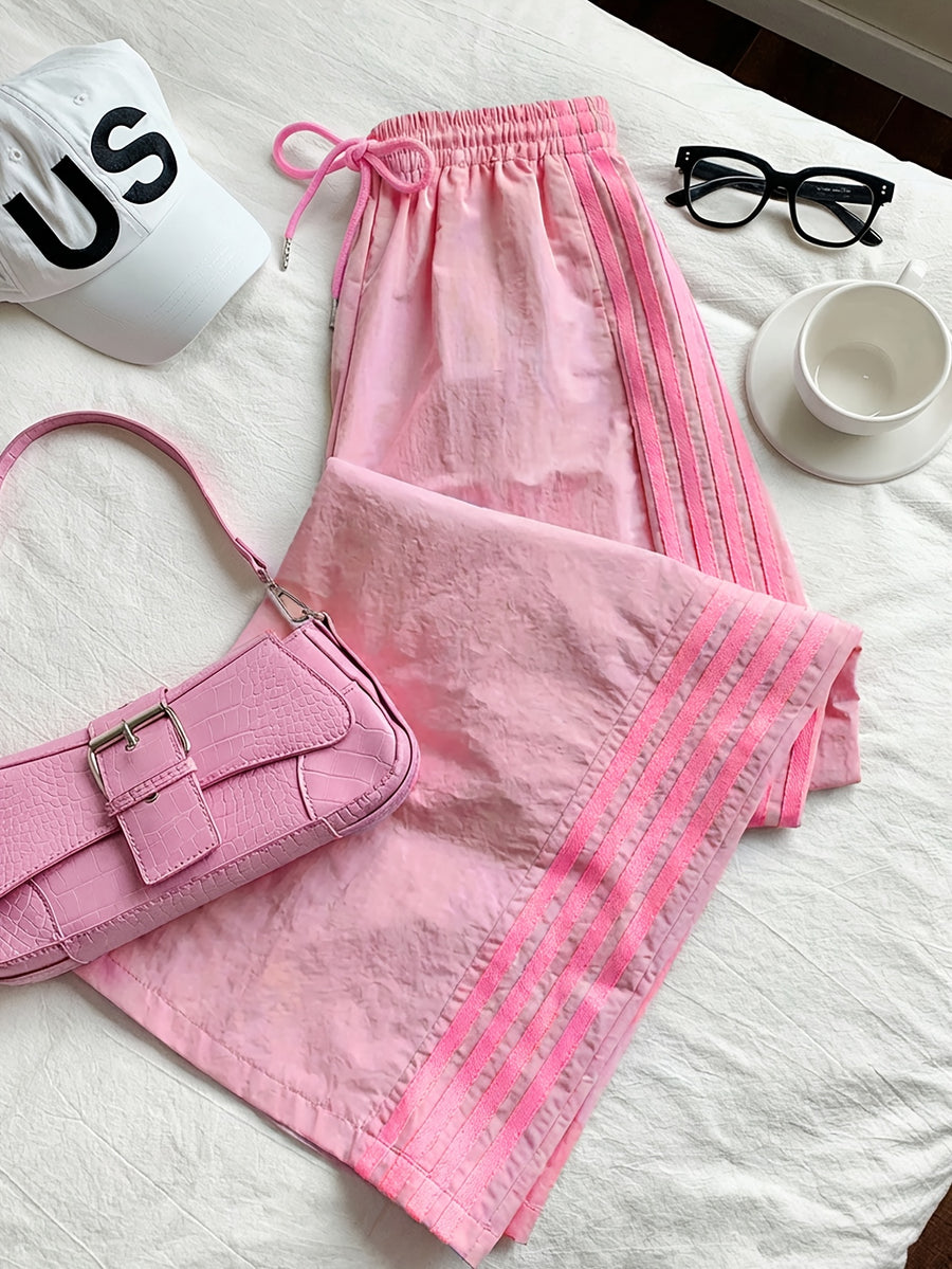 Reading Week Apparel, Back-to- Season, One Pair of 2026 Spring/Summer New Style Casual Sporty Fashionable Comfortable and Beautiful Women's Long Pants with Contrast Color and Drawstring Waist, Suitable as a Holiday Gift for Women's Clothing - Pink Color