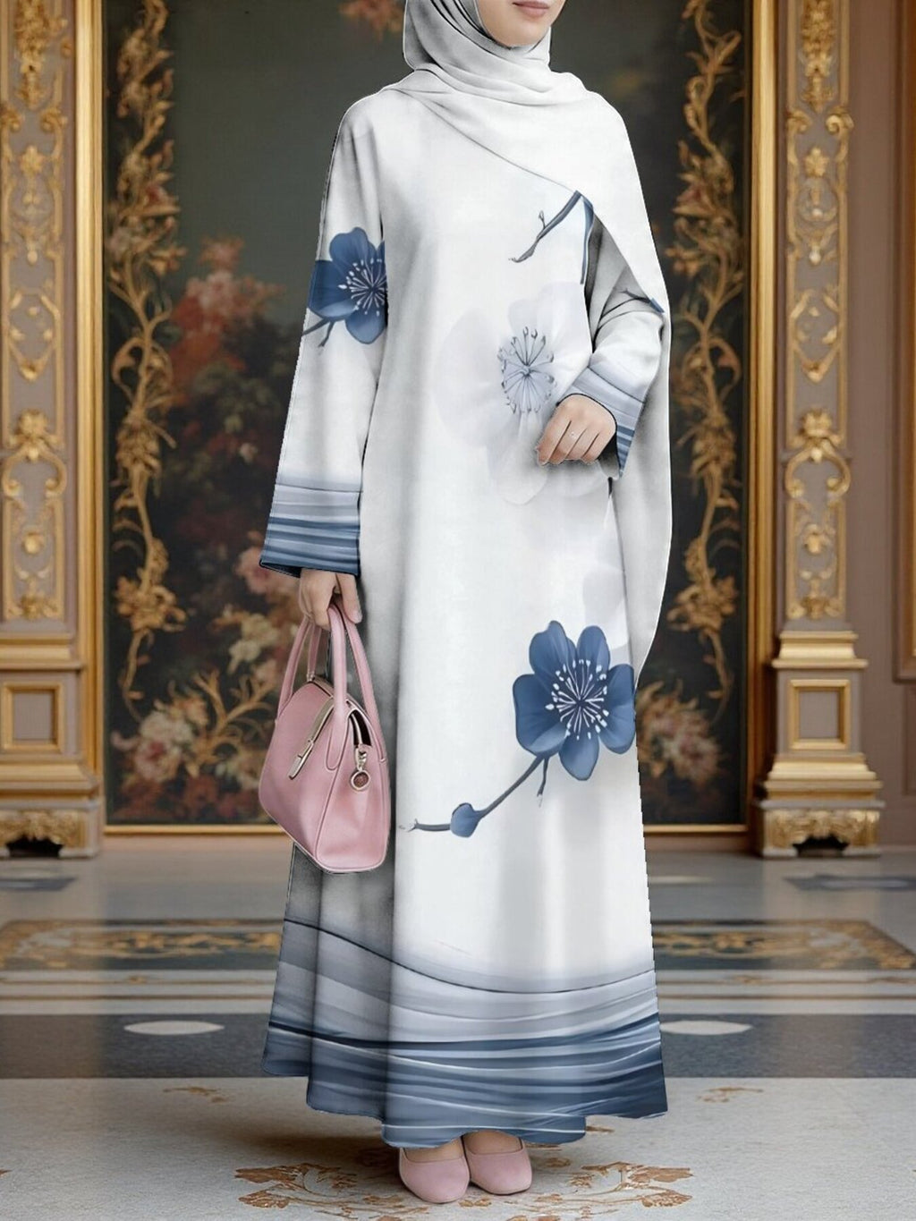 Women's Middle Eastern Style Muslim Elegant Robe, White Base with Blue Ink Wash Floral Gradient Print Long Dress, Loose Fit with Long Sleeves and Wide Flared Hem, for Prayer, Banquets, and Daily Outings, Smooth and Skin-Friendly, Non-Embroidered - Mixed colors