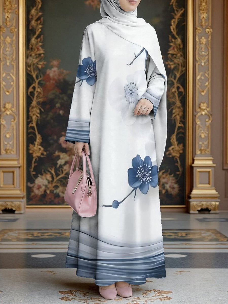 Women's Middle Eastern Style Muslim Elegant Robe, White Base with Blue Ink Wash Floral Gradient Print Long Dress, Loose Fit with Long Sleeves and Wide Flared Hem, for Prayer, Banquets, and Daily Outings, Smooth and Skin-Friendly, Non-Embroidered - Mixed colors