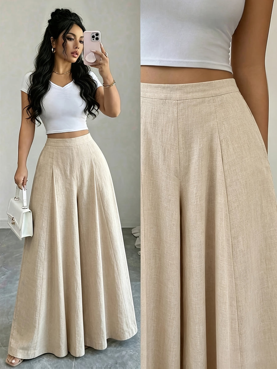 Women'S High-Waist Multi-Panel Wide-Leg Floor-Length Trousers Casual Loose Bottoms - Apricot