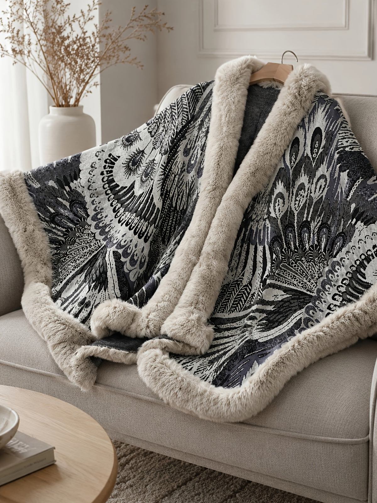 Women's Faux Trim Cape Shawl, Pea Rooster Pattern Acrylic Poncho Wrap, Open Front Sleeveless Fall Winter Outerwear - Beige Color