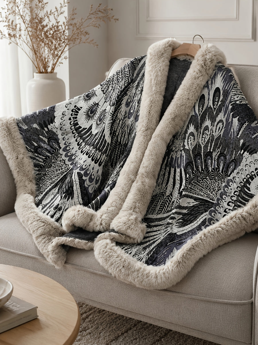 Women's Faux Trim Cape Shawl, Pea Rooster Pattern Acrylic Poncho Wrap, Open Front Sleeveless Fall Winter Outerwear - Beige Color