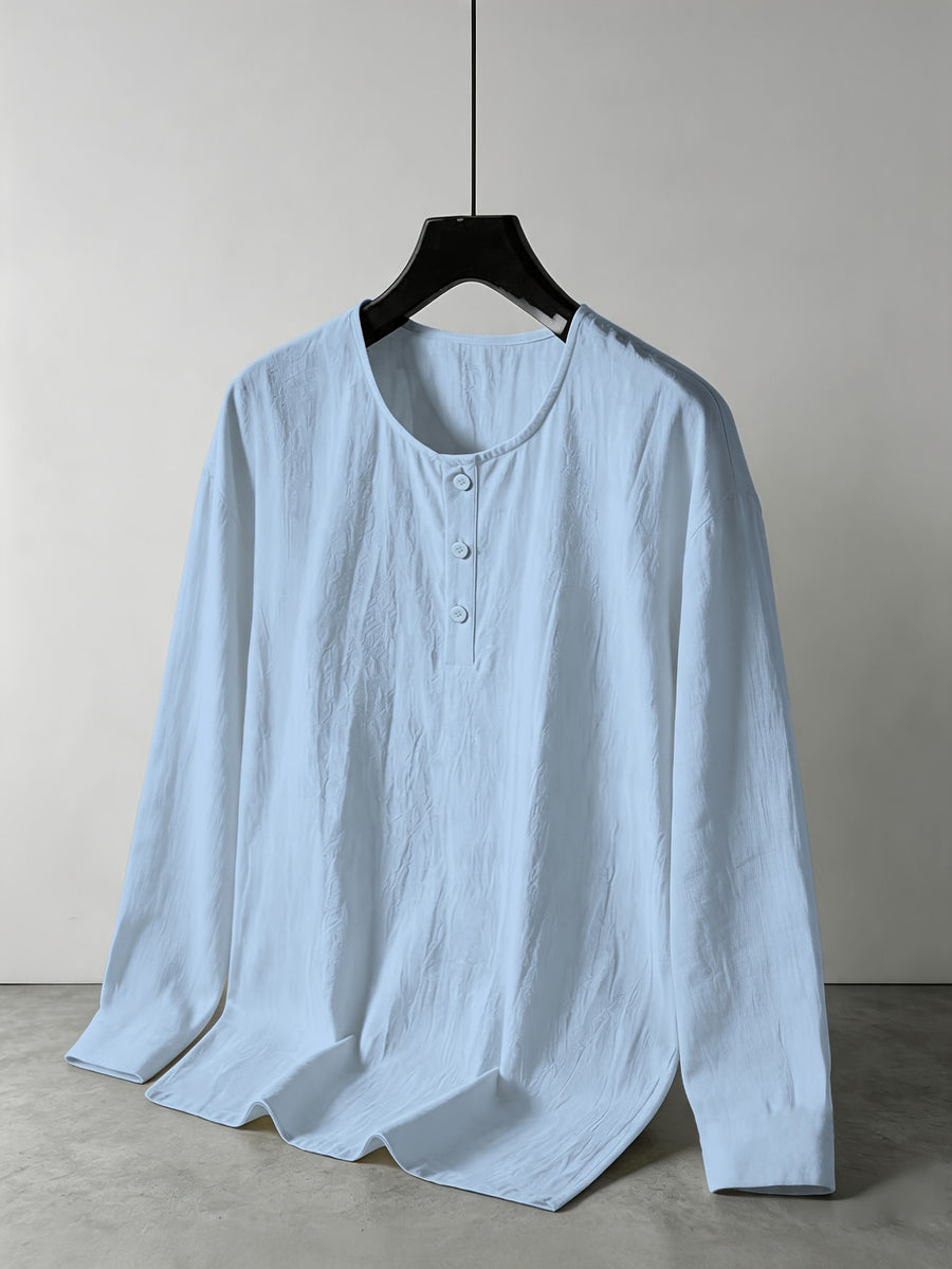 Men's Linen Henley Collar Long Sleeve Loose Fit Casual Vacation Top - Sky Blue