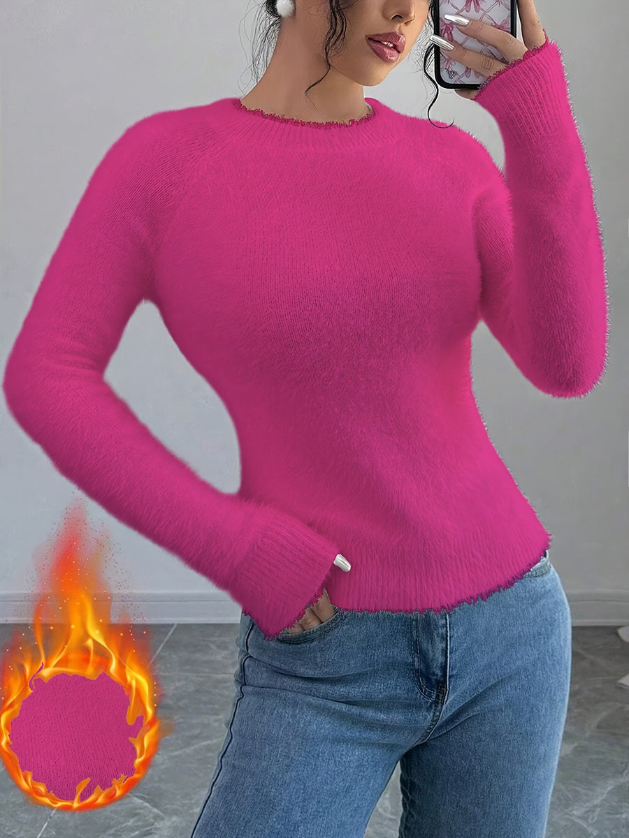 Elegant Women'S Autumn Winter Round Neck Faux Fox Pullover - Rose Red