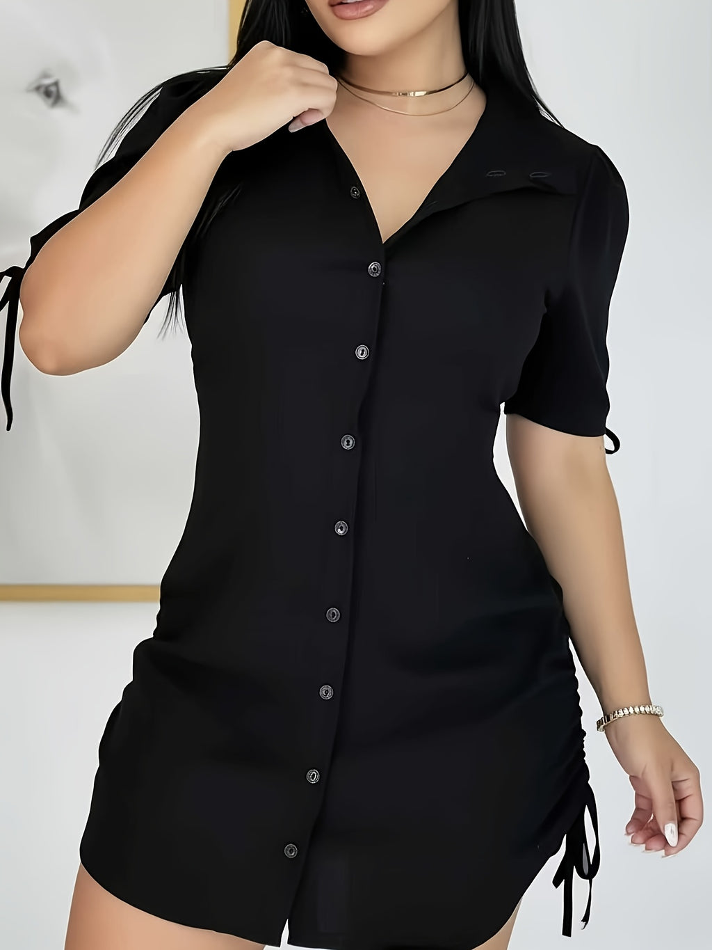 Women's Designer Black Drawstring Waist Shirt Dress - Black