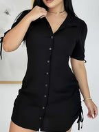 Women's Designer Black Drawstring Waist Shirt Dress - Black