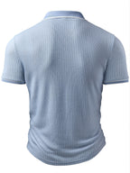 Men'S Fashion Men'S Top, Spring Summer Outdoor Casual Ribbed Texture Fabric Contrast Color Patchwork Lapel Single-Breasted Short Sleeve Men'S Polo Shirt - Blue+Light White