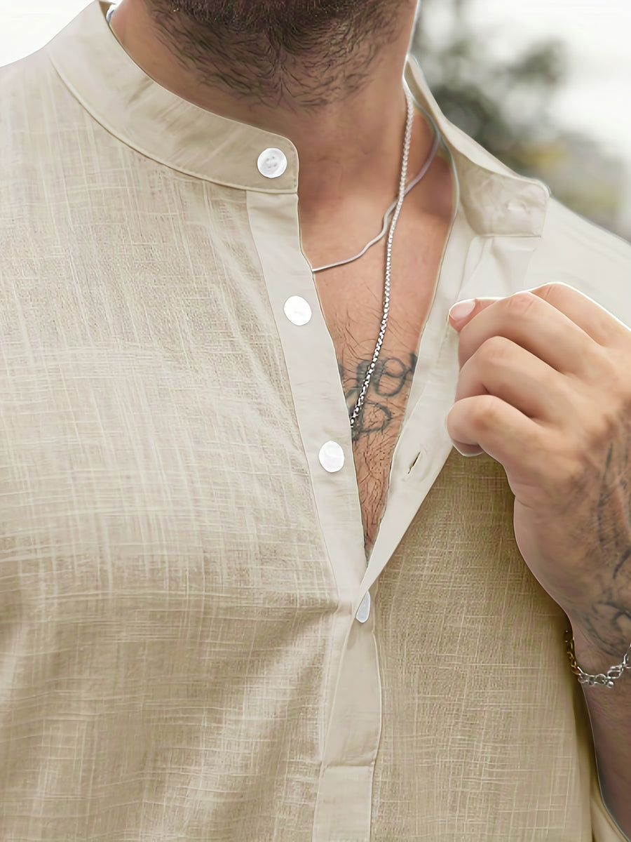 Pure Color Henley Shirt for Men - Fashionable Stand Collar Solid Color Button-Up Slightly Stretch Knit Shirt, Summer Blend Commuter Top Linen Henley Shirt, 95% Cotton 5% Linen, Lightly Mature Casual Series - Khaki