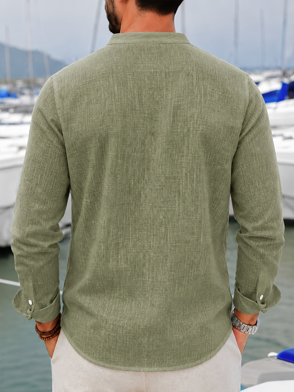 Pc of 2 Mens Plain Long Sleeve Button Shirts with Mandarin Collar & Distinct Chest Pocket, Lightweight Airy Sweat-Wicking Casual Tops, Versatile for Office Work, Holidays, Daily Outings & Home Regular Fit Spring Summer Office Work Holiday - Khaki+Army Green