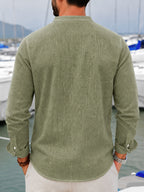 Pc of 2 Mens Plain Long Sleeve Button Shirts with Mandarin Collar & Distinct Chest Pocket, Lightweight Airy Sweat-Wicking Casual Tops, Versatile for Office Work, Holidays, Daily Outings & Home Regular Fit Spring Summer Office Work Holiday - Khaki+Army Green