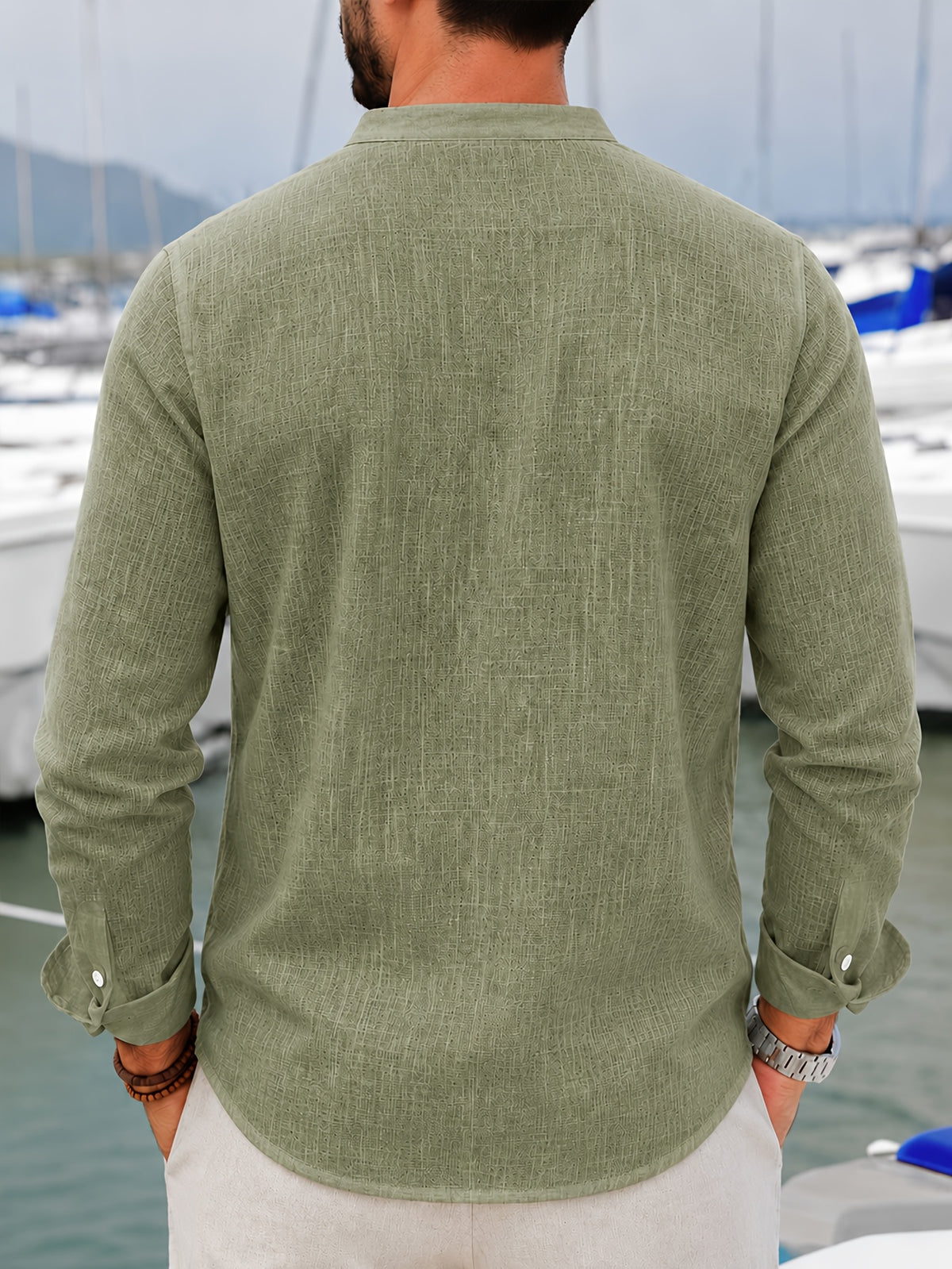 Pc of 2 Mens Plain Long Sleeve Button Shirts with Mandarin Collar & Distinct Chest Pocket, Lightweight Airy Sweat-Wicking Casual Tops, Versatile for Office Work, Holidays, Daily Outings & Home Regular Fit Spring Summer Office Work Holiday - Khaki+Army Green