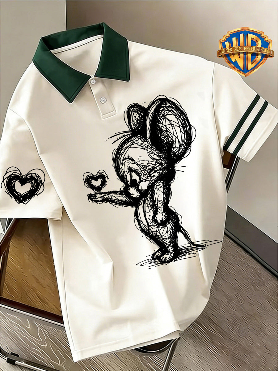 Back-to-School Warner Bros. Official "Bixin" Cartoon Cute Print Men's Summer Loose Lapel Japanese-Style Polo Short-Sleeve T-Shirt, Comfortable, Breathable, and Slightly Stretchy - Apricot Green