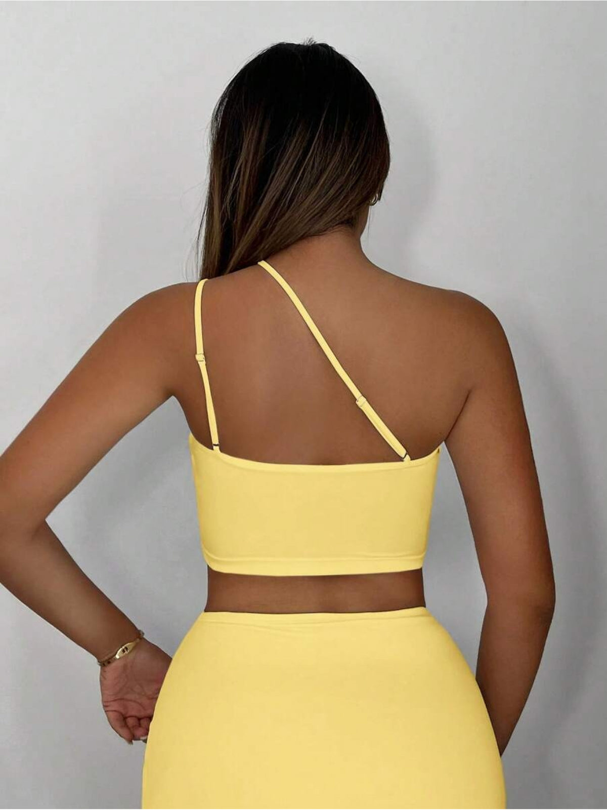 Women Fashion Solid One Shoulder Cut Out Crop Top Summer Party Outfits - Yellow