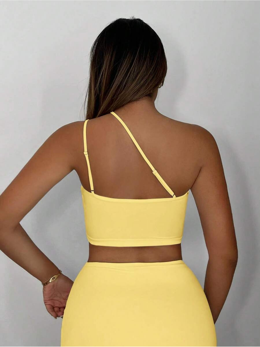 Women Fashion Solid One Shoulder Cut Out Crop Top Summer Party Outfits - Yellow