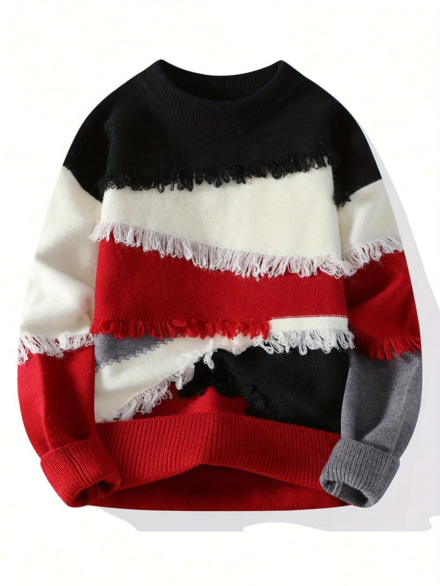 Men'S Color Block Fringe Sweater - Soft Knit Loose Fit Long Sleeve Winter Warmth - Red