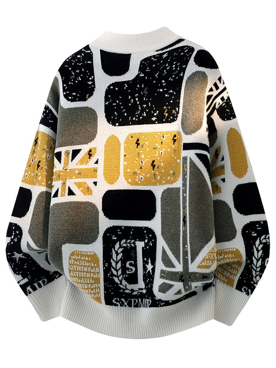 Youthful Street Style Pullover Sweater with Letter Geometric Pattern, Trendy Knit Top for Men, Suitable for Layering or Wearing Alone - White