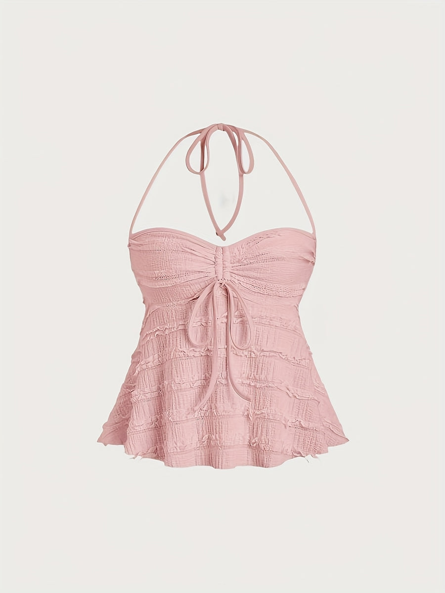 Niannian's Choice Solid Color Drawstring Halter Neck Backless Sexy Tank Top - Pink