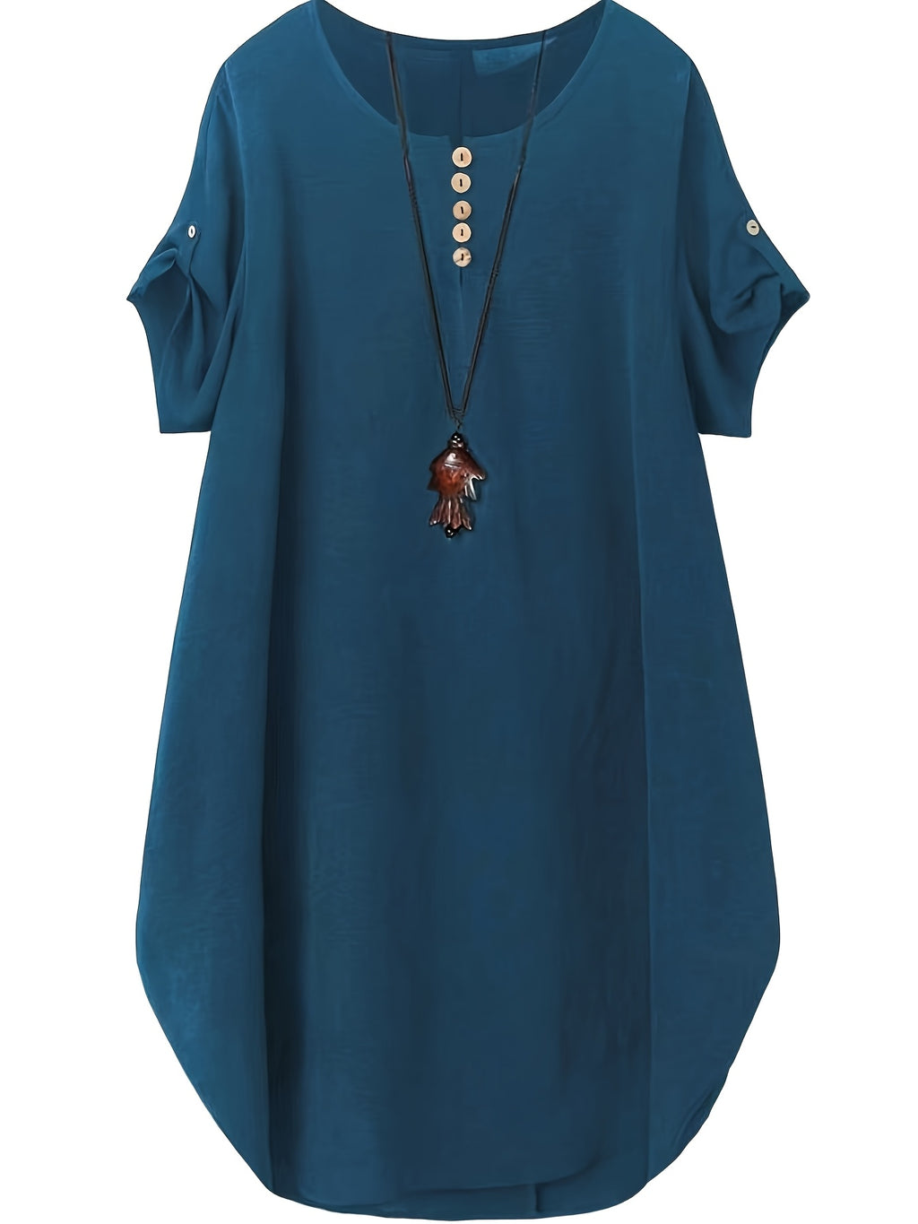 Plus Size, New Plus Size Women's 2pcs Set: Solid Color Dress with Short Sleeves and Women's Top - Peacock blue+black