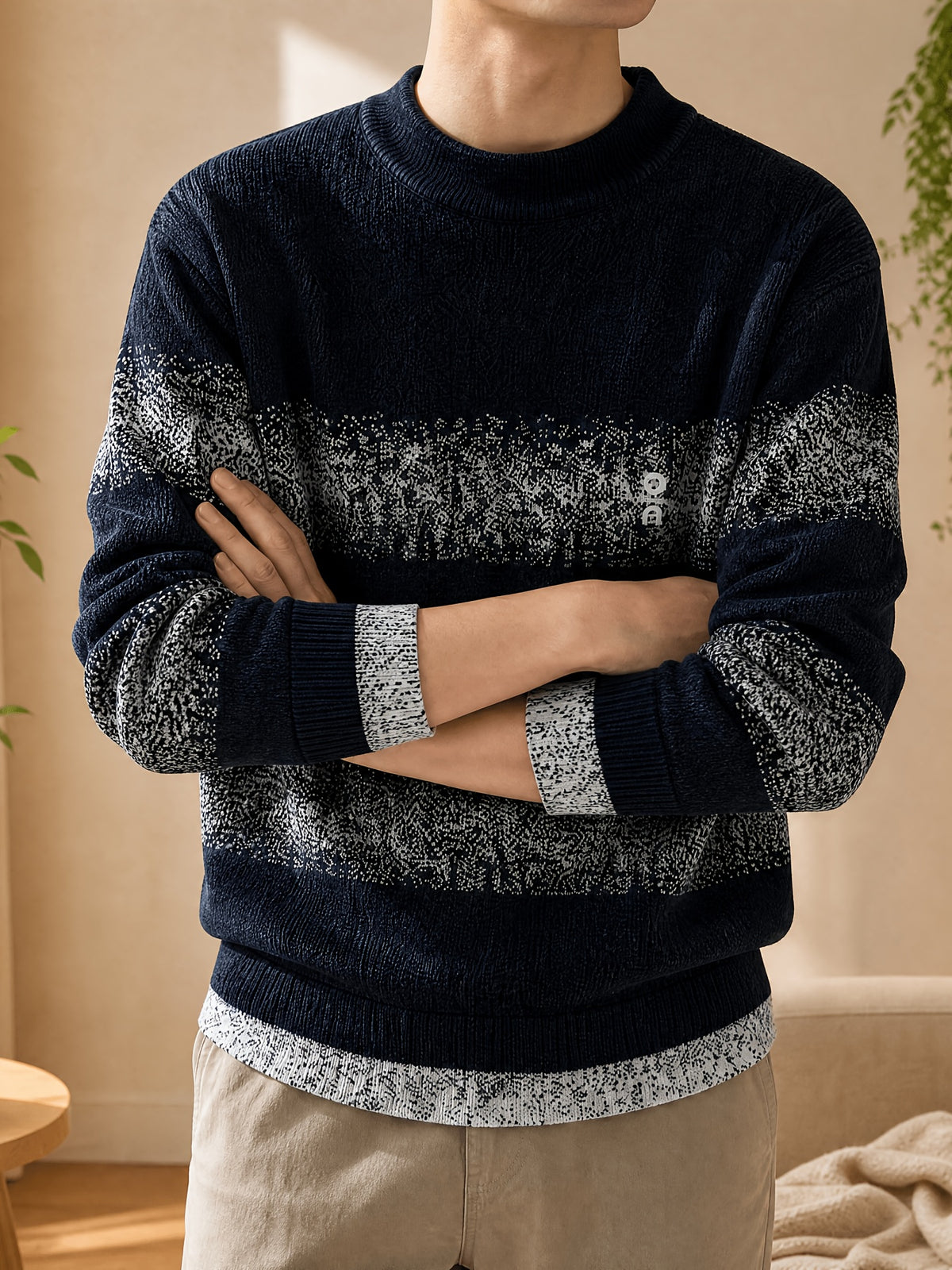 1pc Du Jing Lan OBM Men's Knit Sweater - Old Money Style Color Striped Crew Neck Sweater Suitable for Layering, Business Casual & Outdoor Wear, Warm Winter Pullover for Golf, Basketball, Running, Daily Layering (Regular Fit) - Black