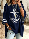 Plus Size Anchor Print Oversized Sweatshirt, Women'S Navy 3/4 Sleeve Western Nautical Striped Top, Loose Casual Body-Covering All-Match Pullover (No Additions) - Navy Color