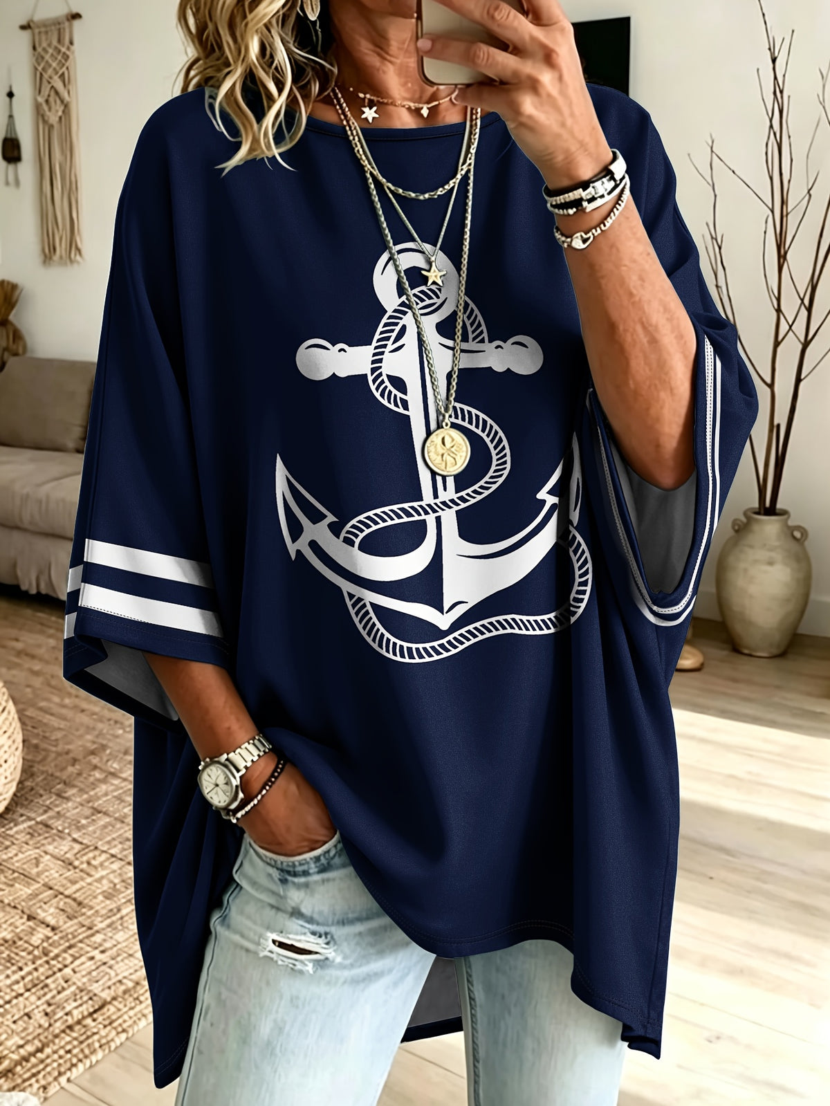 Plus Size Anchor Print Oversized Sweatshirt, Women'S Navy 3/4 Sleeve Western Nautical Striped Top, Loose Casual Body-Covering All-Match Pullover (No Additions) - Navy Color
