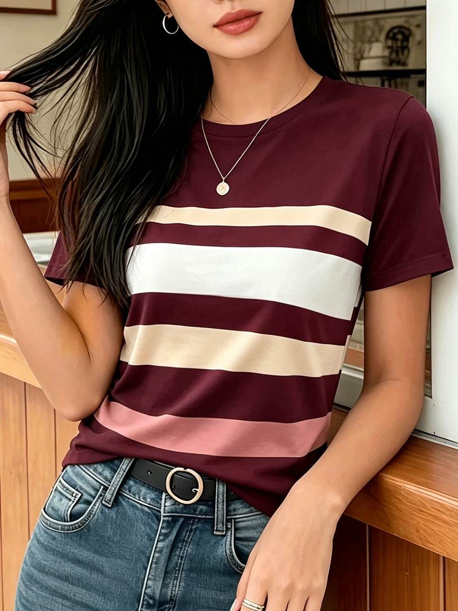 [Printed Design Texture] Women'S Korean-Style Blogger'S Colorful Striped T-Shirt, a Versatile Basic Short-Sleeve Top That Flatters The Figure And Is Suitable for All Body Types, a New Summer 2026 Model for Commuting And Casual Wear - Mixed Color 2