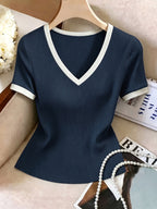 Summer New Ribbed Short Sleeve V-Neck White Lace Trim Slim Regular Length T-Shirt Top Women'S - Navy Color