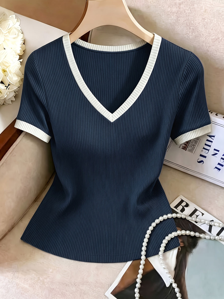 Summer New Ribbed Short Sleeve V-Neck White Lace Trim Slim Regular Length T-Shirt Top Women'S - Navy Color