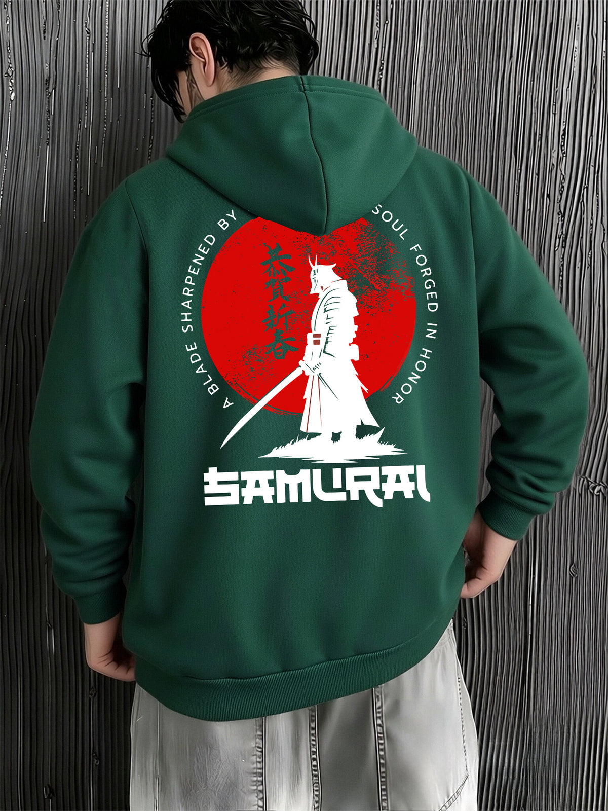 Men'S Fashion Hooded Sweatshirt, with Kangaroo Pouch And Drawstring Hood, Red Sun Samurai Print Japanese Style Comfortable Casual Warm Suitable for Autumn And Winter - Dark Green