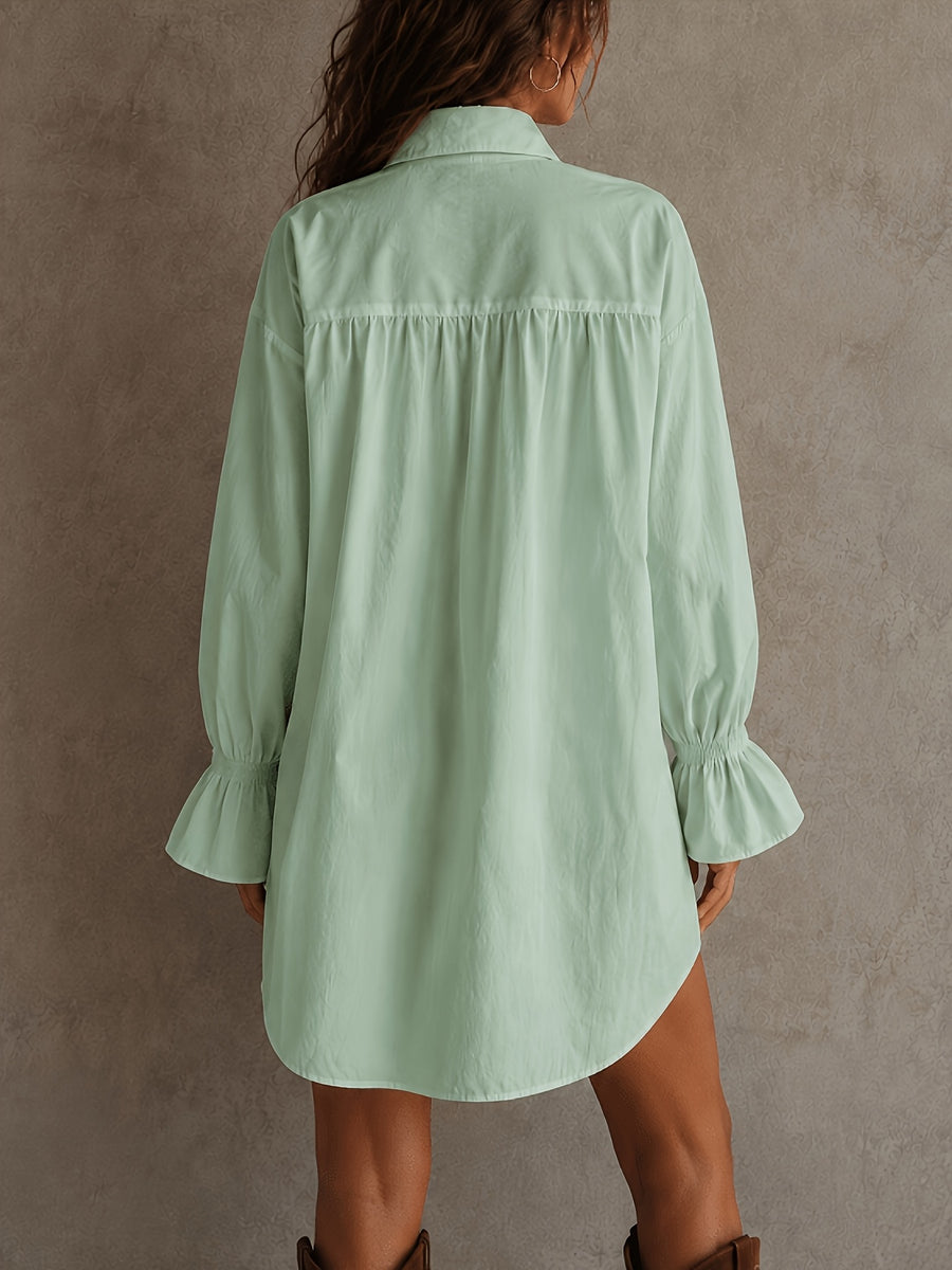 2026 Spring/Autumn Front Short Back Long Designer Style Loose Fit Elegant Solid Color Button-Up Elastic Cuffs Patchwork Lace Trim Women's Blouse ZLLZ - Light Green