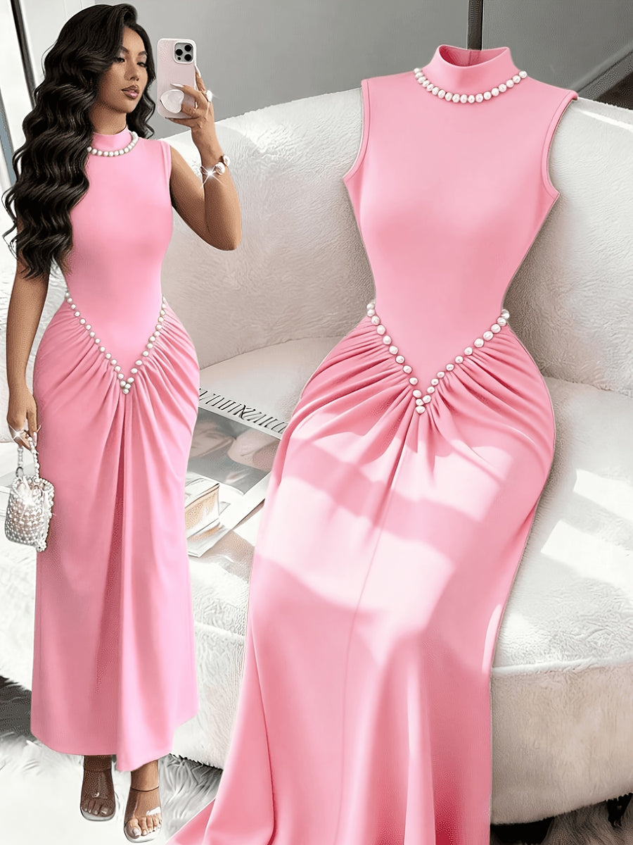 Summer Elegant Fashion Pearl Solid High-Neck Women'S Sleeveless Dress, Waist-Cinching Ruched Fishtail Long Dress, Temperament Evening Formal Gown - Pink