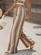 Women's High-Waist Fashionable Color-Striped Wide-Leg Casual Drawstring Straight-Leg Pants, Elegant Wide-Leg Trousers Suitable for Spring, Summer, Autumn, and All Seasons - Vintage Multicolor Stripes