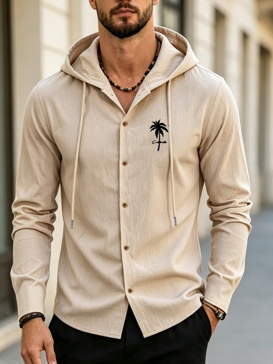 Men's Coconut Tree Print Hooded Long-Sleeve Shirt, Slightly Wrinkled Textured Casual Button-Up Cardigan, Summer Lightweight Breathable Vacation Top, Hawaiian Beach Jacket, Shirt Style + Hood with Drawstring, Suitable for Beach Trips, City Strolls - Khaki