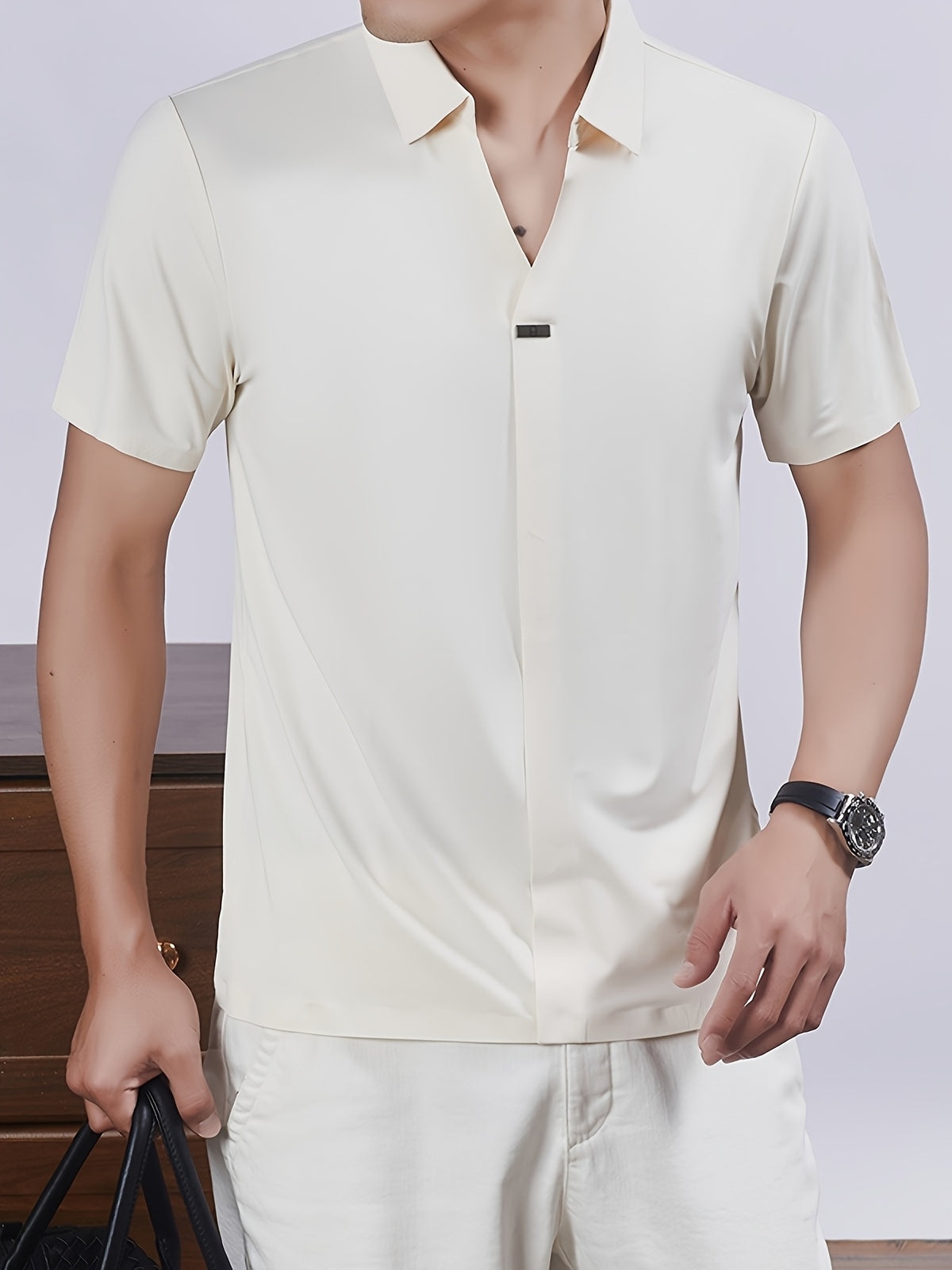 New Men's Seamless Short-Sleeve Shirt, Suitable for Business Casual Wear, Ideal for Both Work and Formal Occasions, Casual and Comfortable Style - Off-white