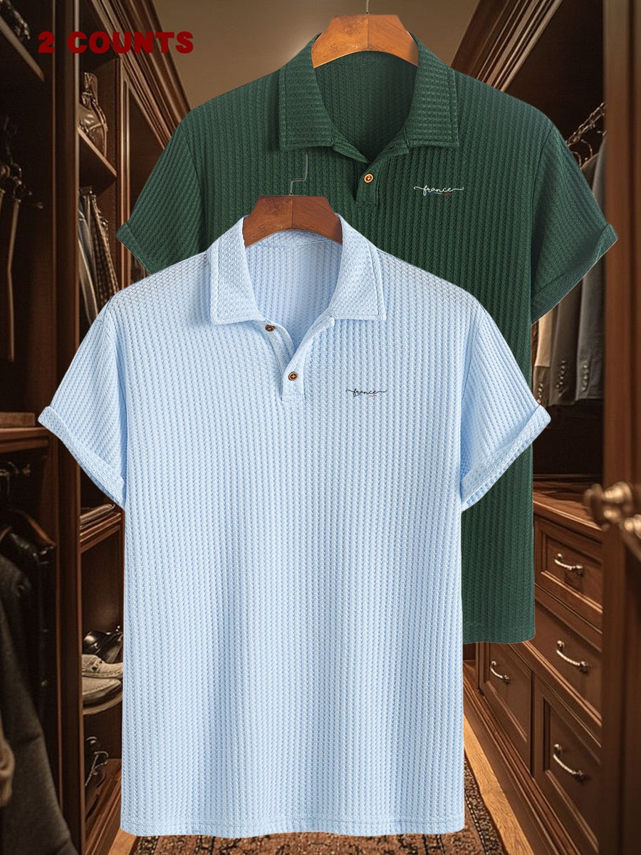 2pcs Set Summer Men'S Textured Jacquard Short Sleeve POLO Shirts | Casual Comfortable Soft Knit Lapel Collar, Geometric Pattern, Button Details - Sky Blue + Dark Green