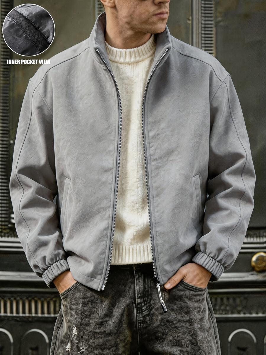 Men's Solid Color Stand Collar Zipper Jacket, New Spring/Autumn Simple Casual Workwear Outerwear, Loose-Fitting Versatile Fashion Top with Inner Pockets, Elastic Cuffs and Hem, Men's Daily Commuter Jacket - Light Grey