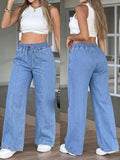 Women'S Imitation Denim Pants, Lightweight And Breathable, Comfortable Drawstring Waistband, Loose Straight Tube Tencel Trousers, Casual And Versatile, Fashionable And Elegant, Suitable for Vacation Style in Spring And Summerdenim - Light Blue