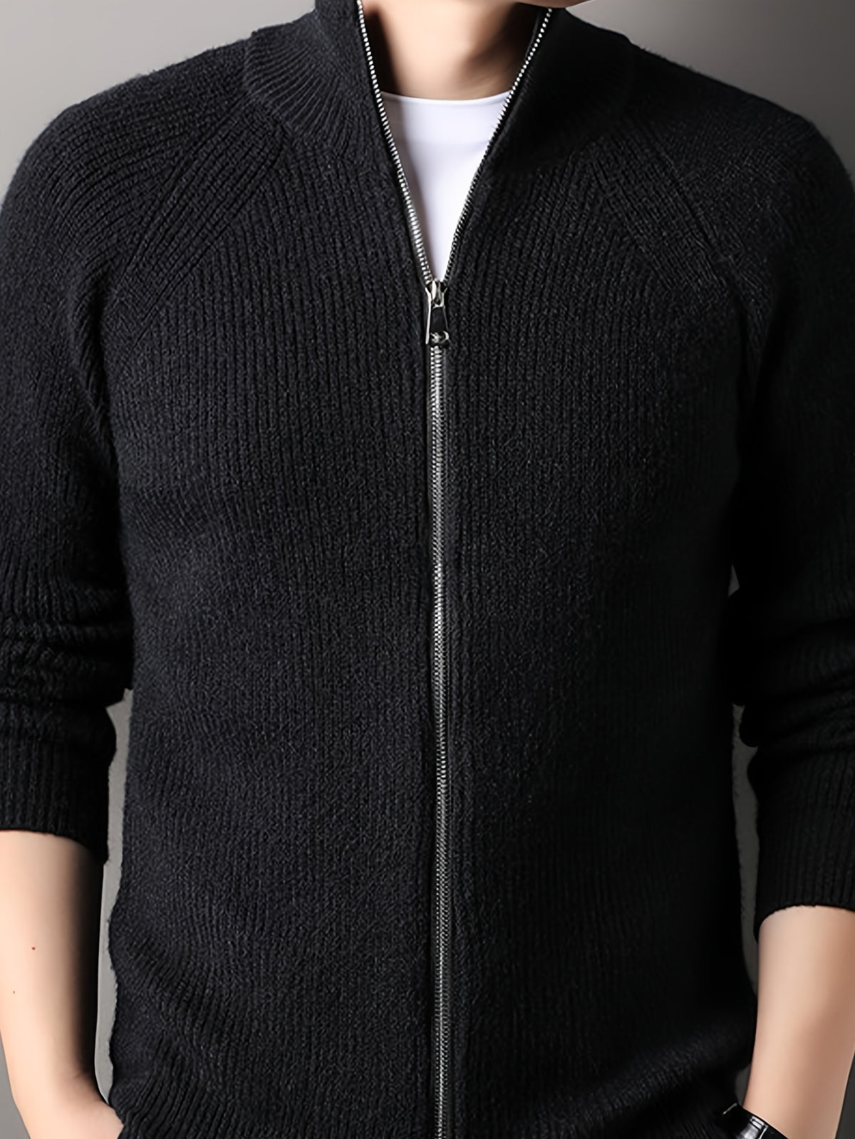 Autumn New Men'S, Solid Color Knit Cardigan, Zipper Style Trendy Comfortable, Outdoor Leisure All-Match - Black